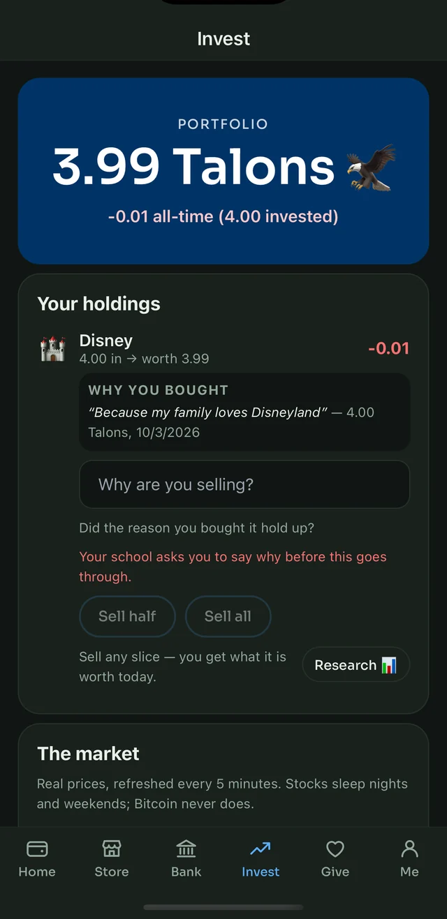 Invest screen with a required reason before buying