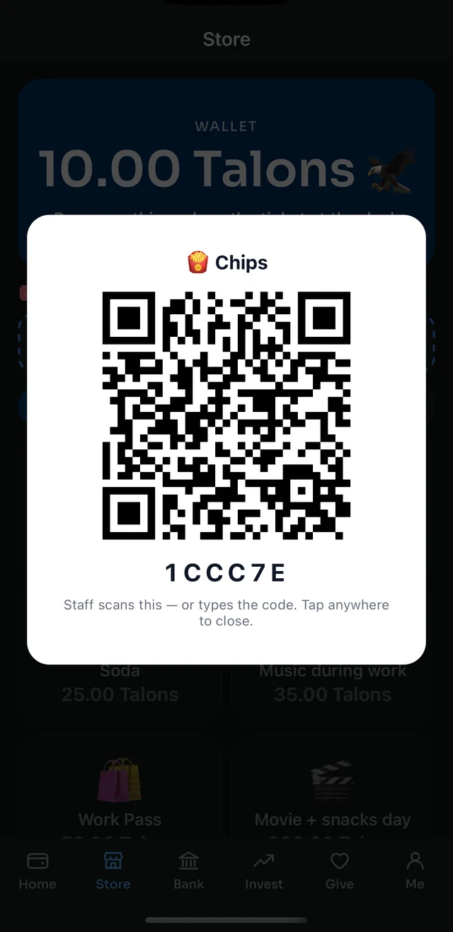 A purchase ticket with its QR code and six-character code