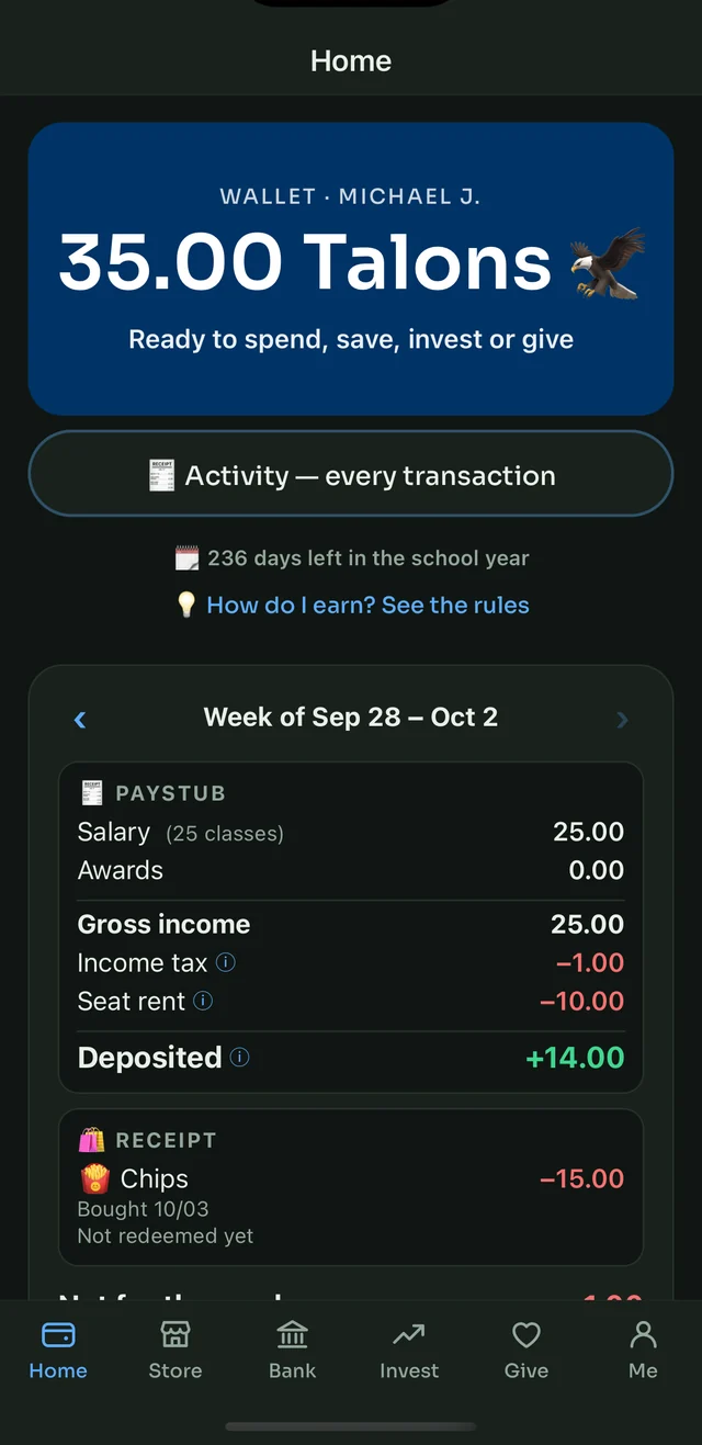 A student's home screen: the wallet balance and this week's itemized paystub